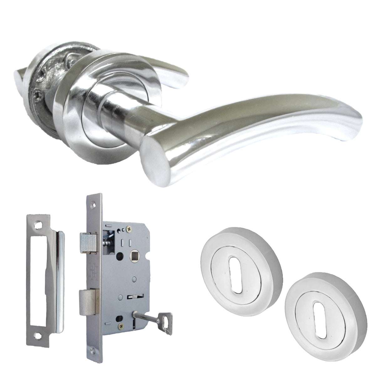 Marketplace JPG companion for Arched Lever Door Handles on Round Rose Chrome 134mm Escutcheon Lock and Key