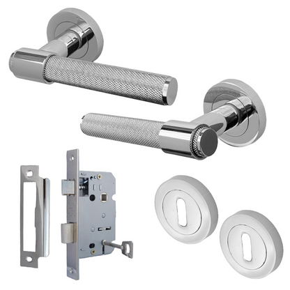 Knurled Door Handles Chrome Loop & Neck Lever on Rose Key Lock Set