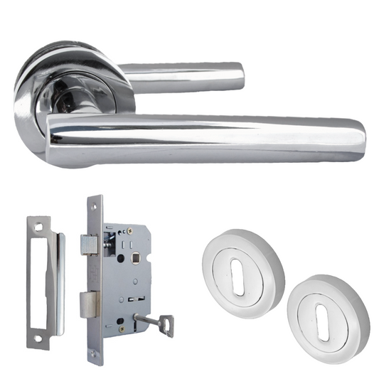 Door Handles T Bar Straight Lever on Rose Escutcheon & Lock - Chrome