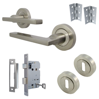 Ensemble de clés de serrure de poignée de porte UNO, levier moderne en nickel satiné sur rosace, pack d'écusson interne