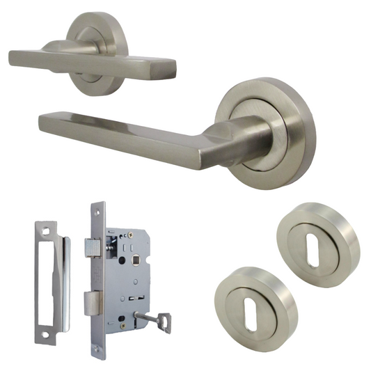 UNO Door Handle Lock Key Sets Modern Satin Nickel Lever on Rose Internal Escutcheon Pack