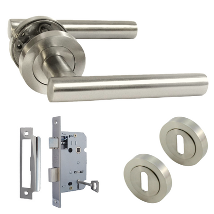 Door Handles T Bar Straight Lever on Rose Escutcheon Lock and Keys - Satin