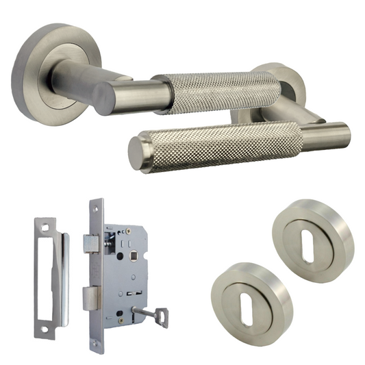 Knurled Turning Door Handles Satin Lever on Round Rose Key Lock Set