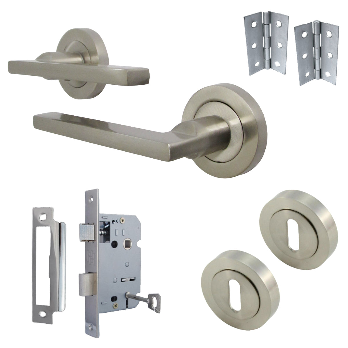 Marketplace JPG companion for UNO Door Handle Lock Key Set Modern Satin Nickel Lever on Rose, Escutcheon Pack with 3" Hinges