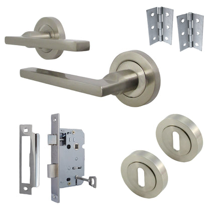 Marketplace JPG companion for UNO Door Handle Lock Key Set Modern Satin Nickel Lever on Rose, Escutcheon Pack with 3" Hinges