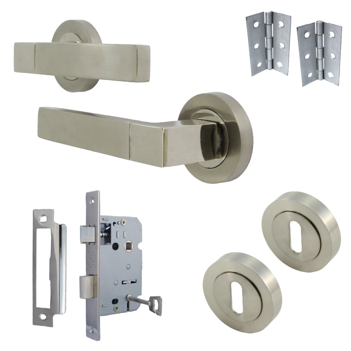 Marketplace JPG companion for Cafri Line Door Handle Lock Key Set Modern Satin Nickel Lever on Rose Internal Escutcheon Pack