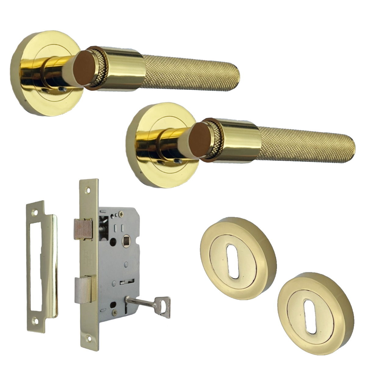 Knurled Door Handles Polished Brass Loop & Neck Lever on Rose Key Lock Set