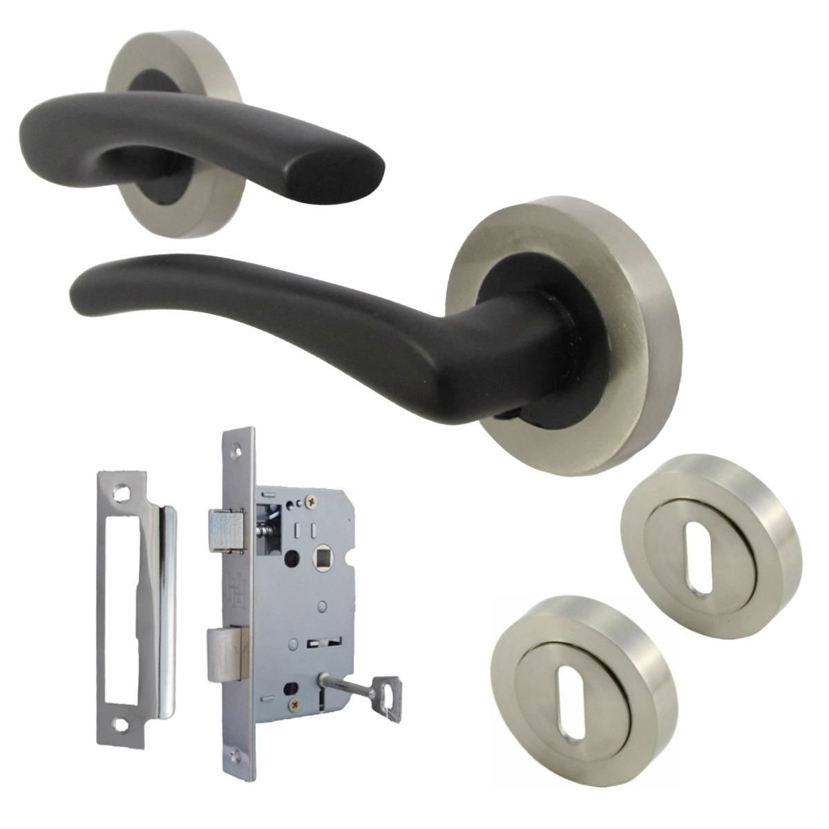 Zena Door Handle Modern Design Matt Black Lever on Satin Rose Internal Latch Handles