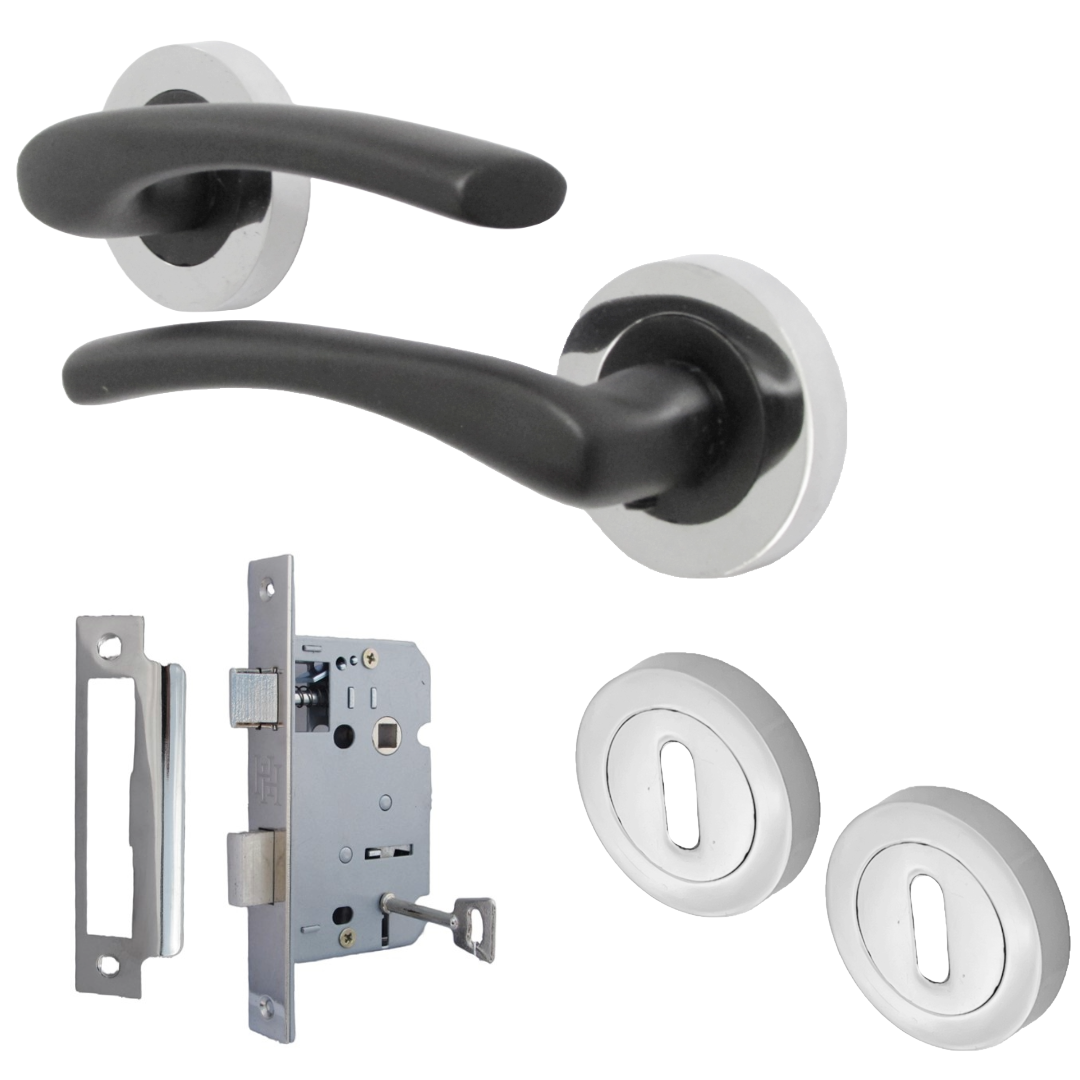 Poignée de porte Zena au design moderne, levier noir mat sur rosace chromée, poignées à loquet internes