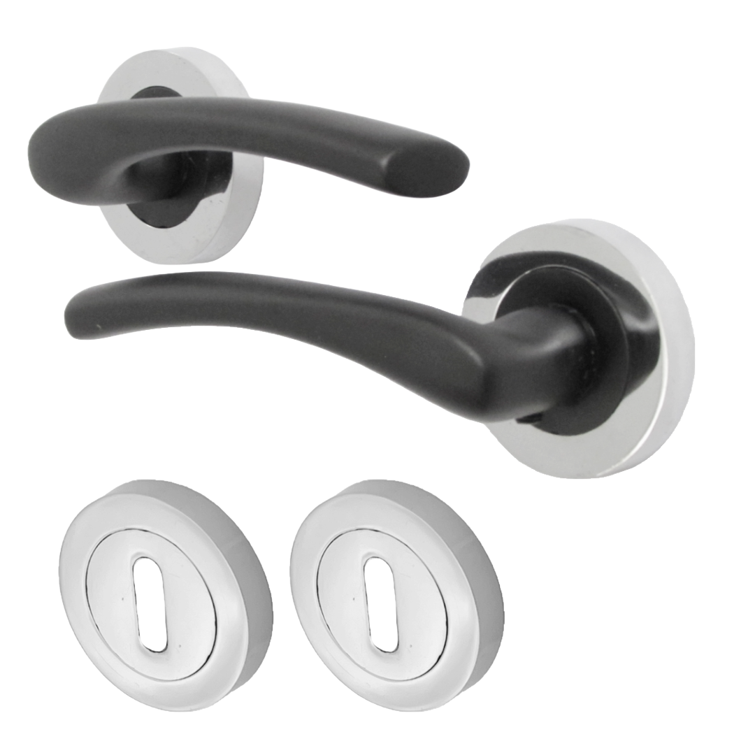 Poignée de porte Zena au design moderne, levier noir mat sur rosace chromée, poignées à loquet internes