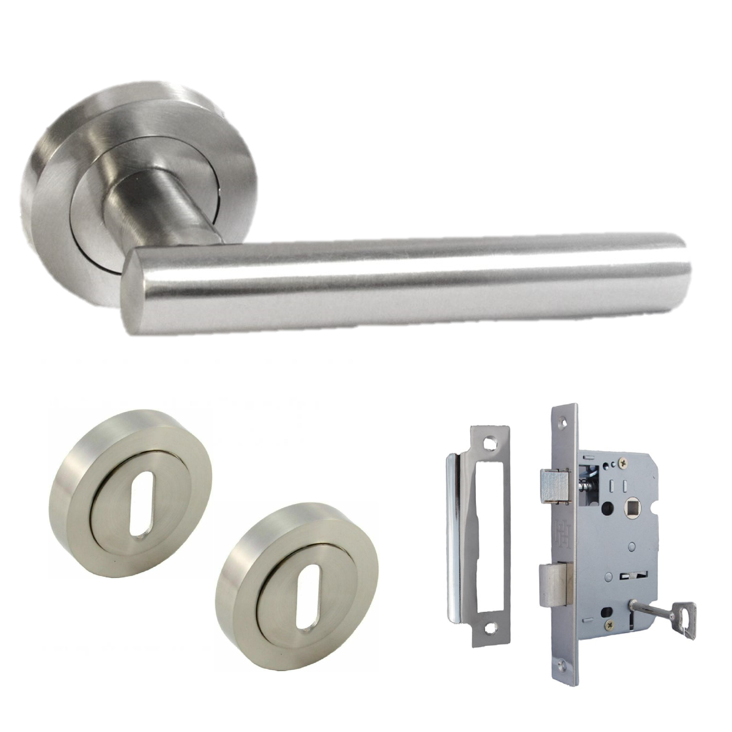 Door Handles T Bar Straight Lever on Rose Escutcheon & Lock - Satin