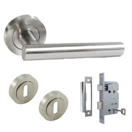 Door Handles T Bar Straight Lever on Rose Escutcheon & Lock - Satin