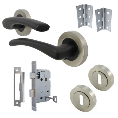 Zena Door Handle Lock Key Set Modern Matt Black Lever on Satin Rose Internal Escutcheon