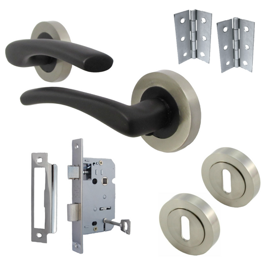 Zena Door Handle Lock Key Set Modern Matt Black Lever on Satin Rose Internal Escutcheon