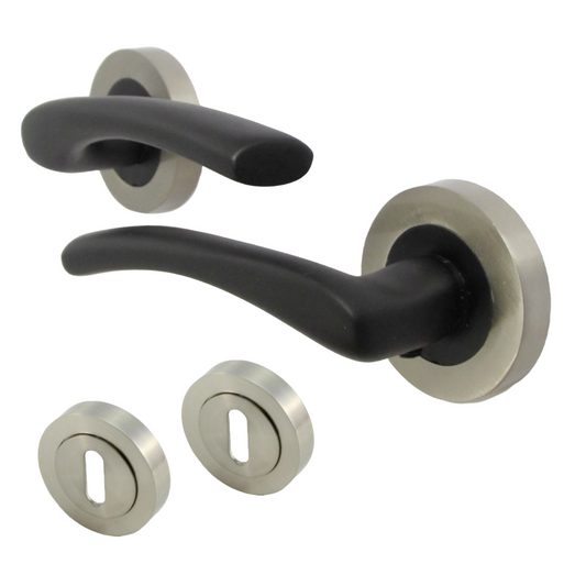 Zena Door Handle Escutcheon Lock Modern Matt Black Lever Satin Rose Internal