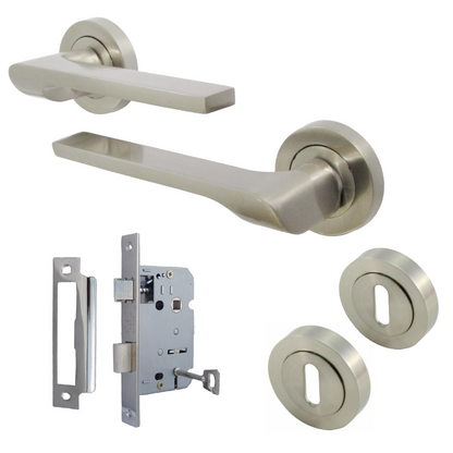 Ensemble de clés de serrure de poignée de porte UNO-2, levier moderne en nickel satiné sur rosace, pack d'écusson interne