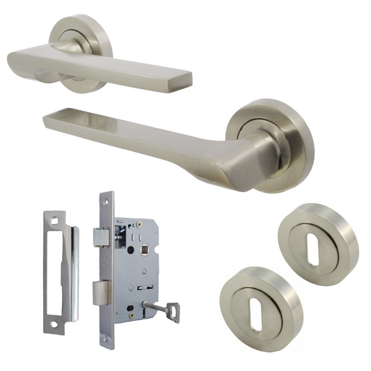 UNO-2 Door Handle Lock Key Set Modern Satin Nickel Lever on Rose Internal Escutcheon Pack