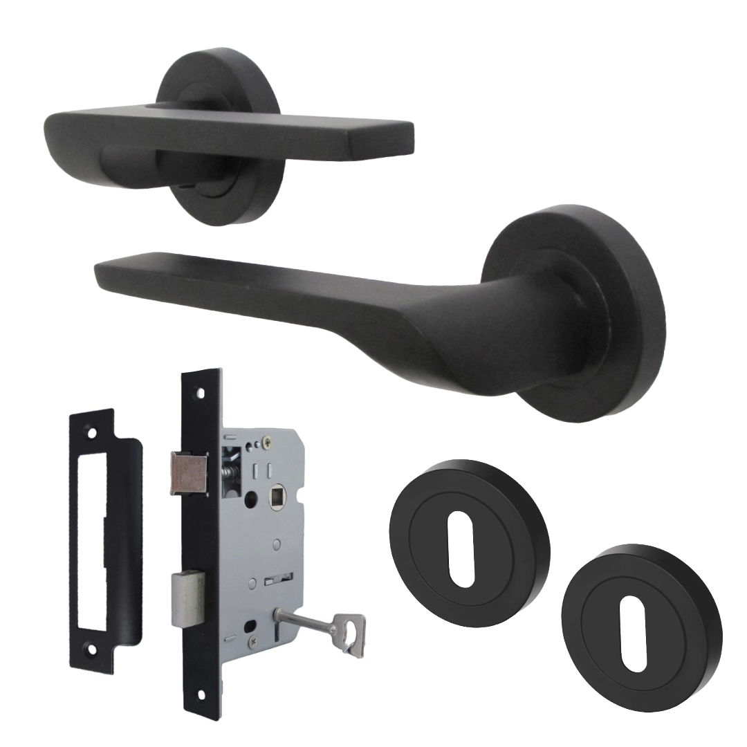 UNO-2 Door Handle Escutcheon Lock Key Set Modern Design Matt Black Lever on Rose Internal