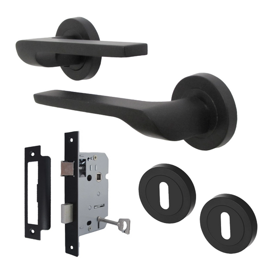 UNO-2 Door Handle Escutcheon Lock Key Set Modern Design Matt Black Lever on Rose Internal