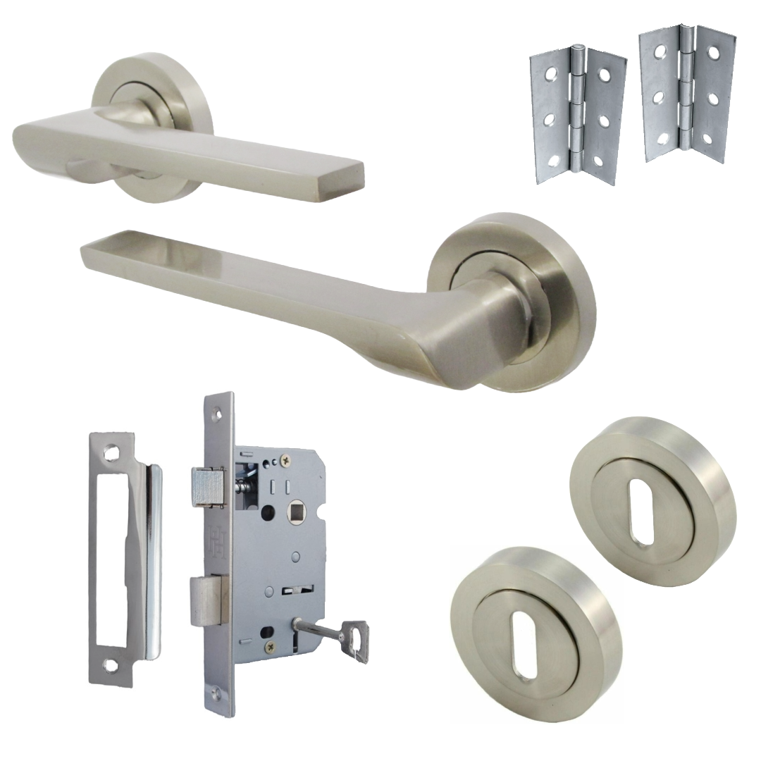 Ensemble de clés de serrure de poignée de porte UNO-2, levier moderne en nickel satiné sur rosace, écusson interne