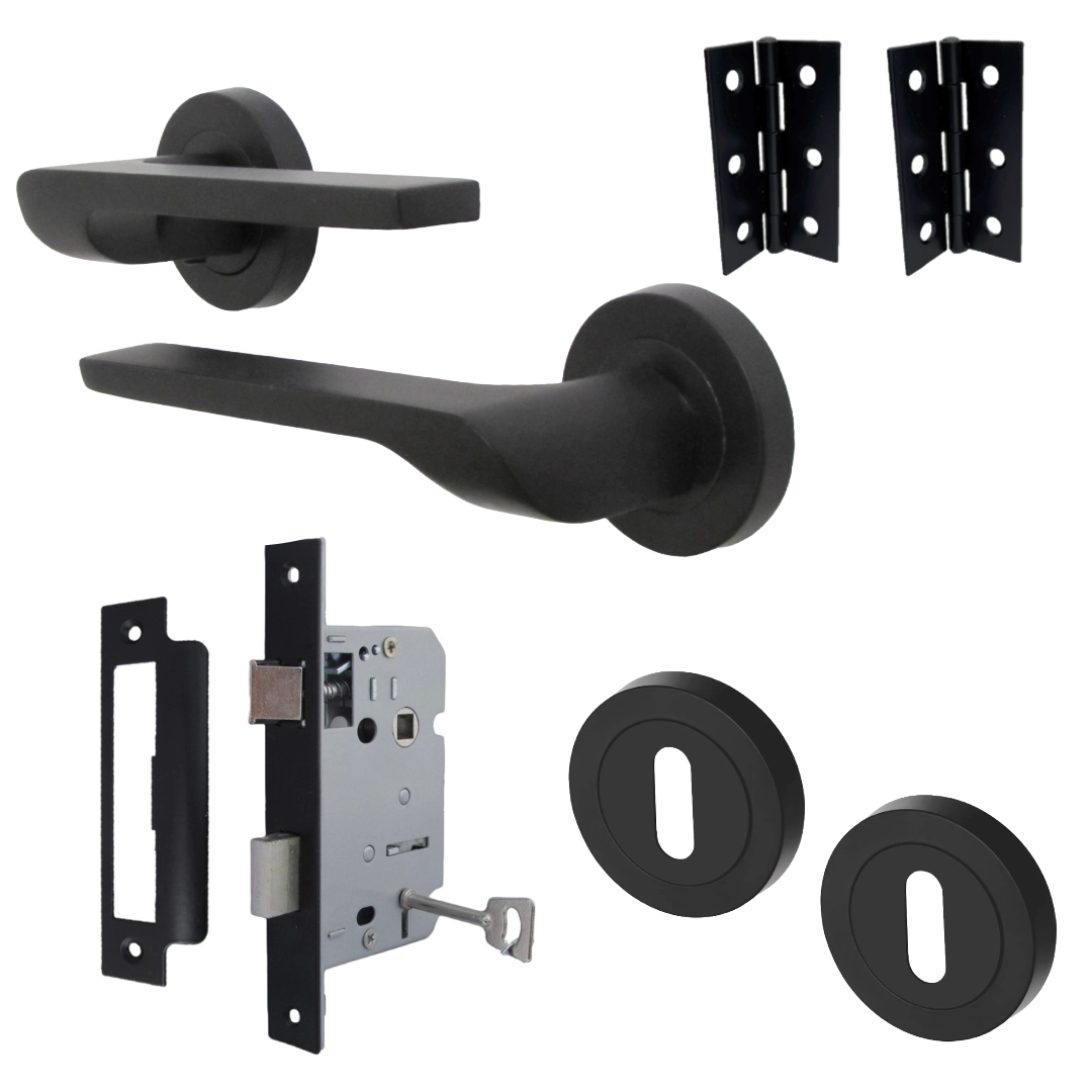 UNO-2 Door Handle Lock Key Set Modern Design Matt Black Lever on Rose Internal Escutcheon