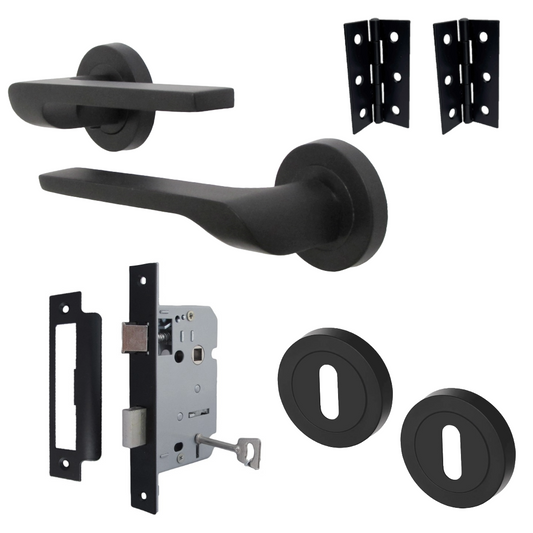 UNO-2 Door Handle Lock Key Set Modern Design Matt Black Lever on Rose Internal Escutcheon