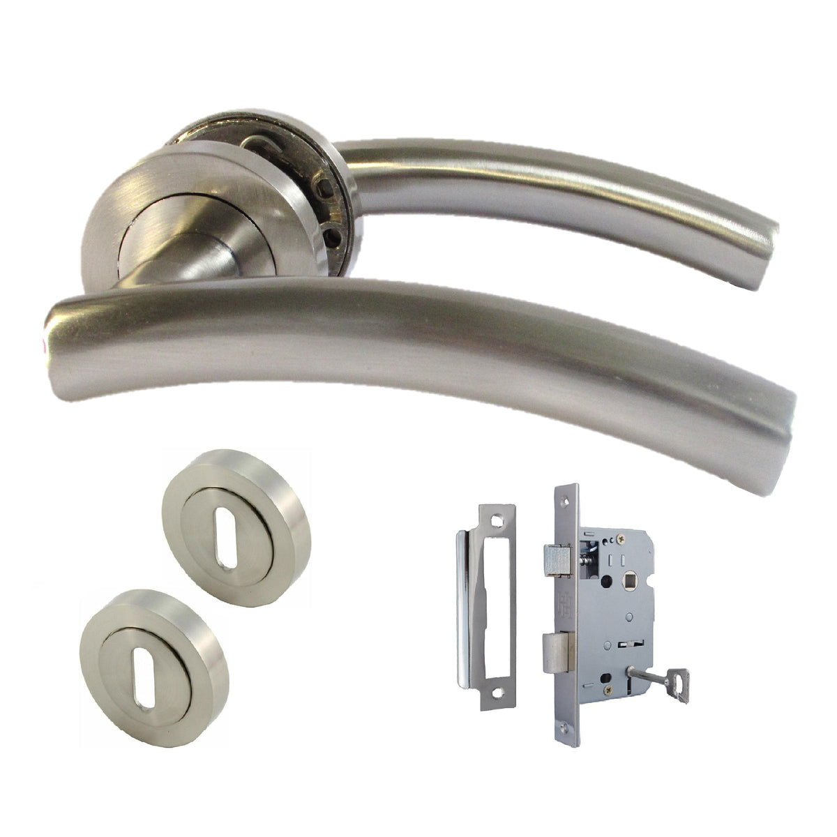 Marketplace JPG companion for Arched Lever Door Handles on Round Rose Satin 134mm Escutcheon Lock and Keys