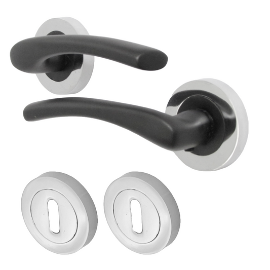 Zena Door Handle Escutcheon Lock Set Modern Matt Black Lever Chrome Rose Internal