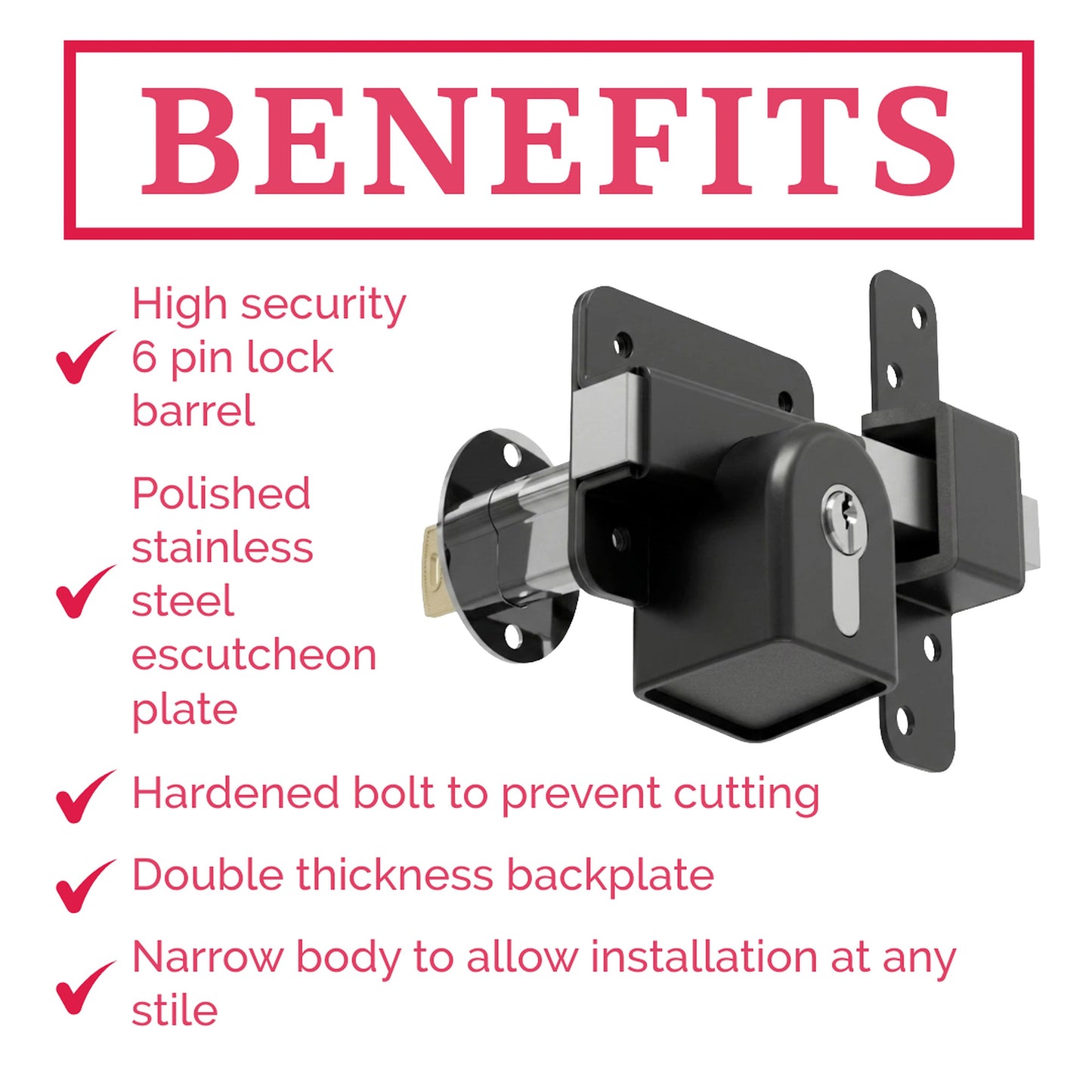 Marketplace JPG companion for Premium Long Throw Euro Profile Gate Lock, Black 316 Stainless Steel for Sheds, Gates & Garage Doors, Double Locking, Keyed Both Sides