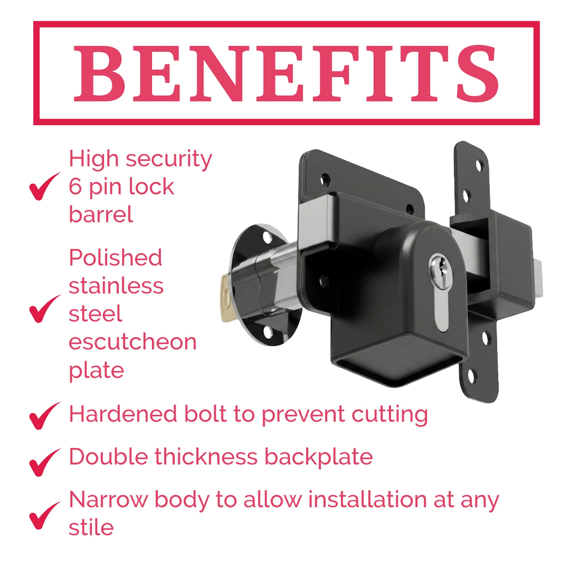 Marketplace JPG companion for Premium Long Throw Euro Profile Gate Lock, Black 316 Stainless Steel for Sheds, Gates & Garage Doors, Double Locking, Keyed Both Sides