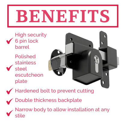 Marketplace JPG companion for Premium Long Throw Euro Profile Gate Lock, Black 316 Stainless Steel for Sheds, Gates & Garage Doors, Double Locking, Keyed Both Sides