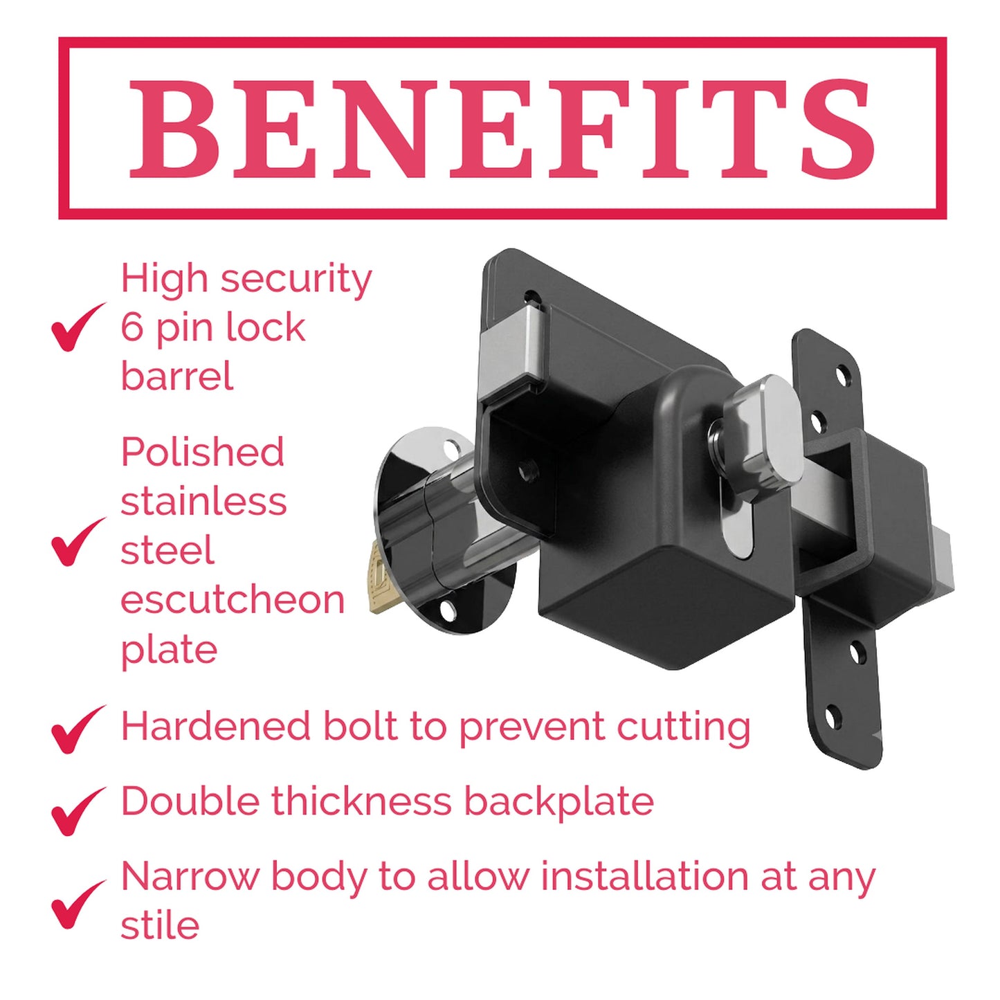 Marketplace JPG companion for Premium Long Throw Euro Profile Gate Lock, Black 316 Stainless Steel for Sheds, Gates & Garage Doors, Single Thumb Turn Locking, Keyed One Side