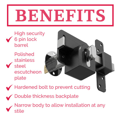 Marketplace JPG companion for Premium Long Throw Euro Profile Gate Lock, Black 316 Stainless Steel for Sheds, Gates & Garage Doors, Single Thumb Turn Locking, Keyed One Side
