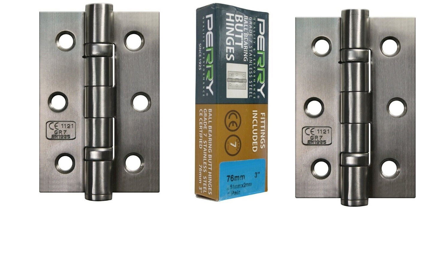 PERRY SATIN 75mm Stainless Steel Ball Bearing Butt Hinges Grade 7 CE Marked D7