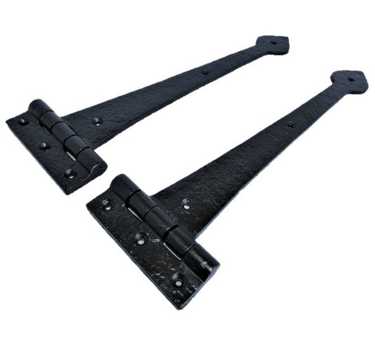 Black Tudor 18" 450mm Heavy Door Gate Tee Hinges Spear Head Leaf PAIR
