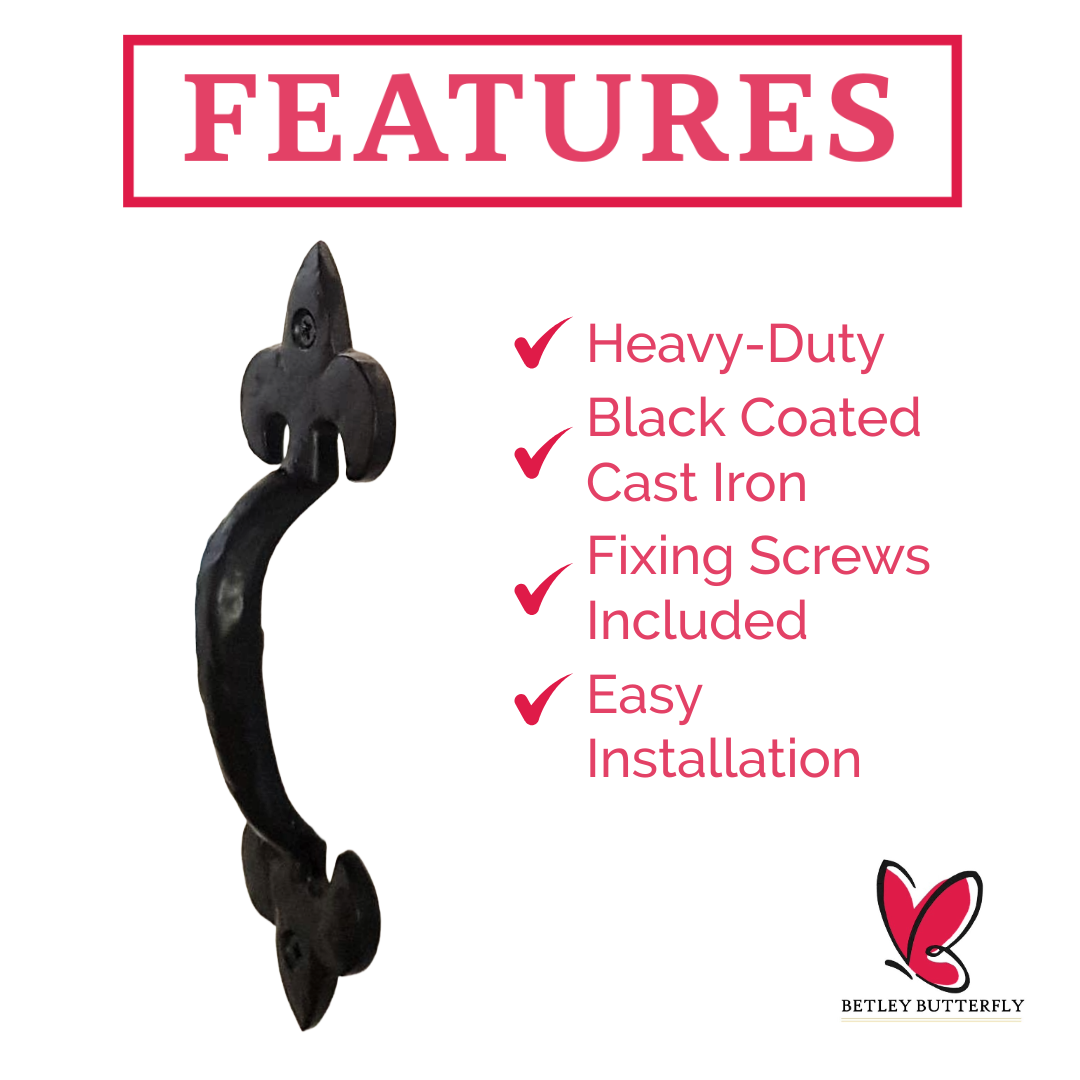 Cast Iron Black Antique Pull Handles Fleur De Lys 5" 6" 7" Door Gate Shed with Fixings