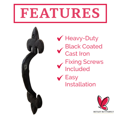 Cast Iron Black Antique Pull Handles Fleur De Lys 5" 6" 7" Door Gate Shed with Fixings