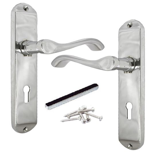 Cadenza Door Handles on Backplate Chrome Scroll Lock Handle