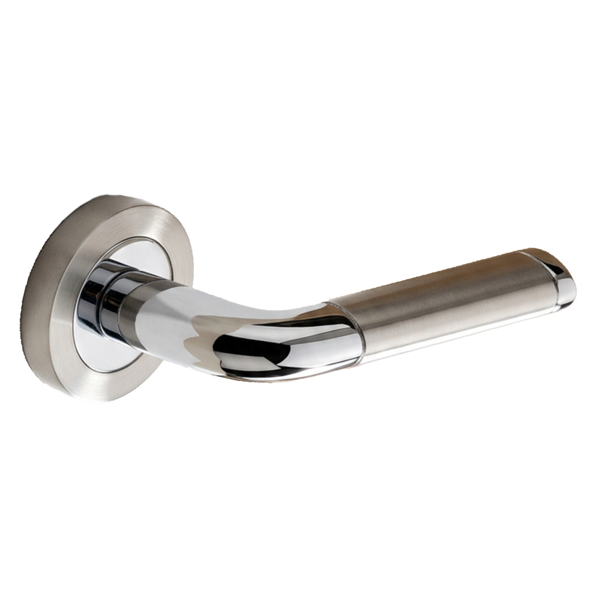 Contemporary Two-Tone Lever on Rose Door Handles Satin & Polished Chrome Finish + Fixings