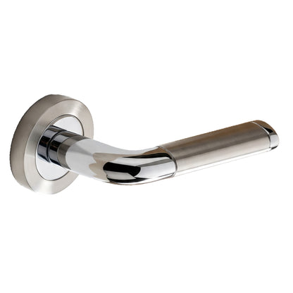 Contemporary Two-Tone Lever on Rose Door Handles Satin & Polished Chrome Finish + Fixings