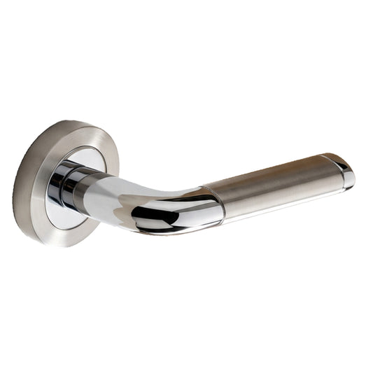 Contemporary Two-Tone Lever on Rose Door Handles Satin & Polished Chrome Finish + Fixings
