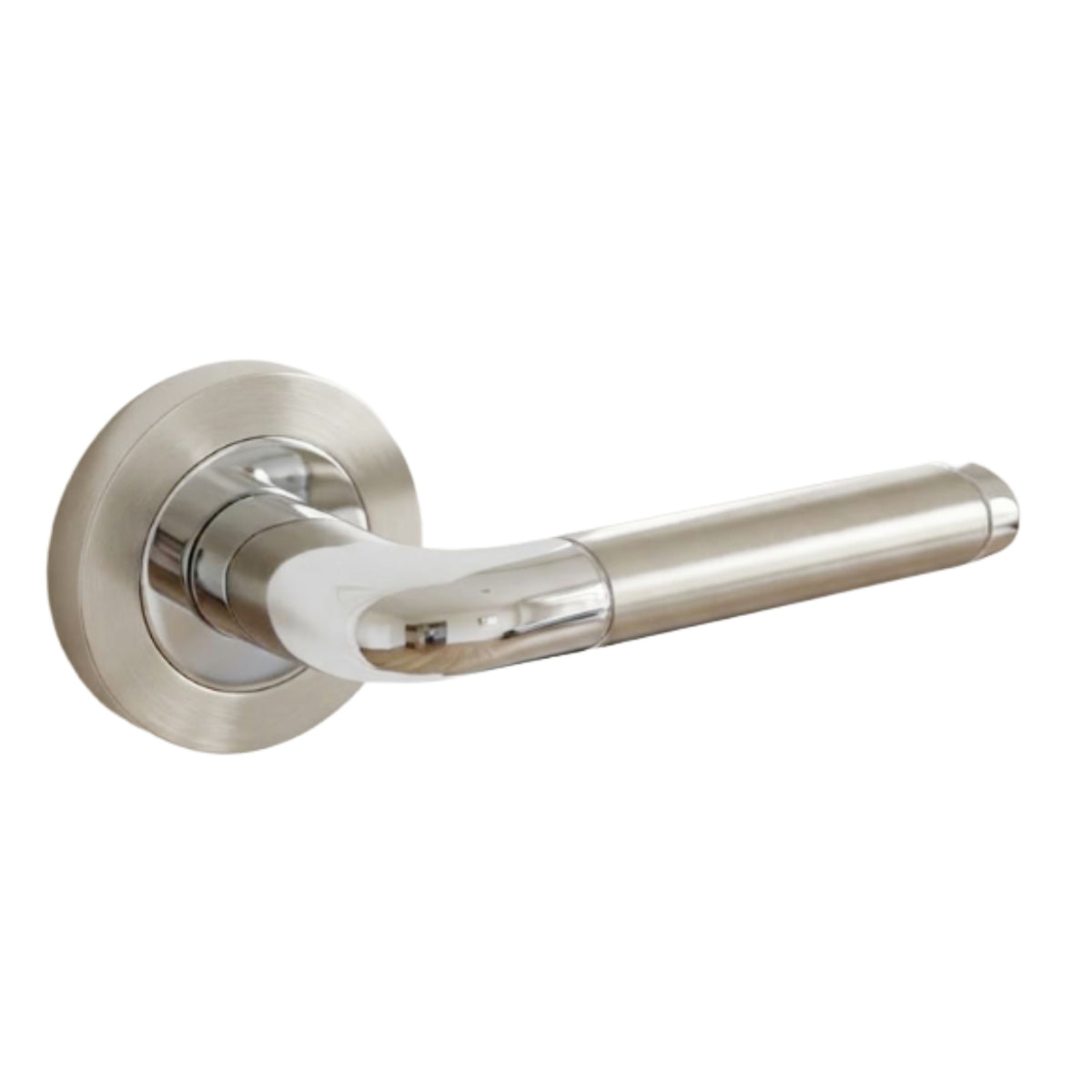 Contemporary Two-Tone Lever on Rose Door Handles Satin & Polished Chrome Finish + Fixings