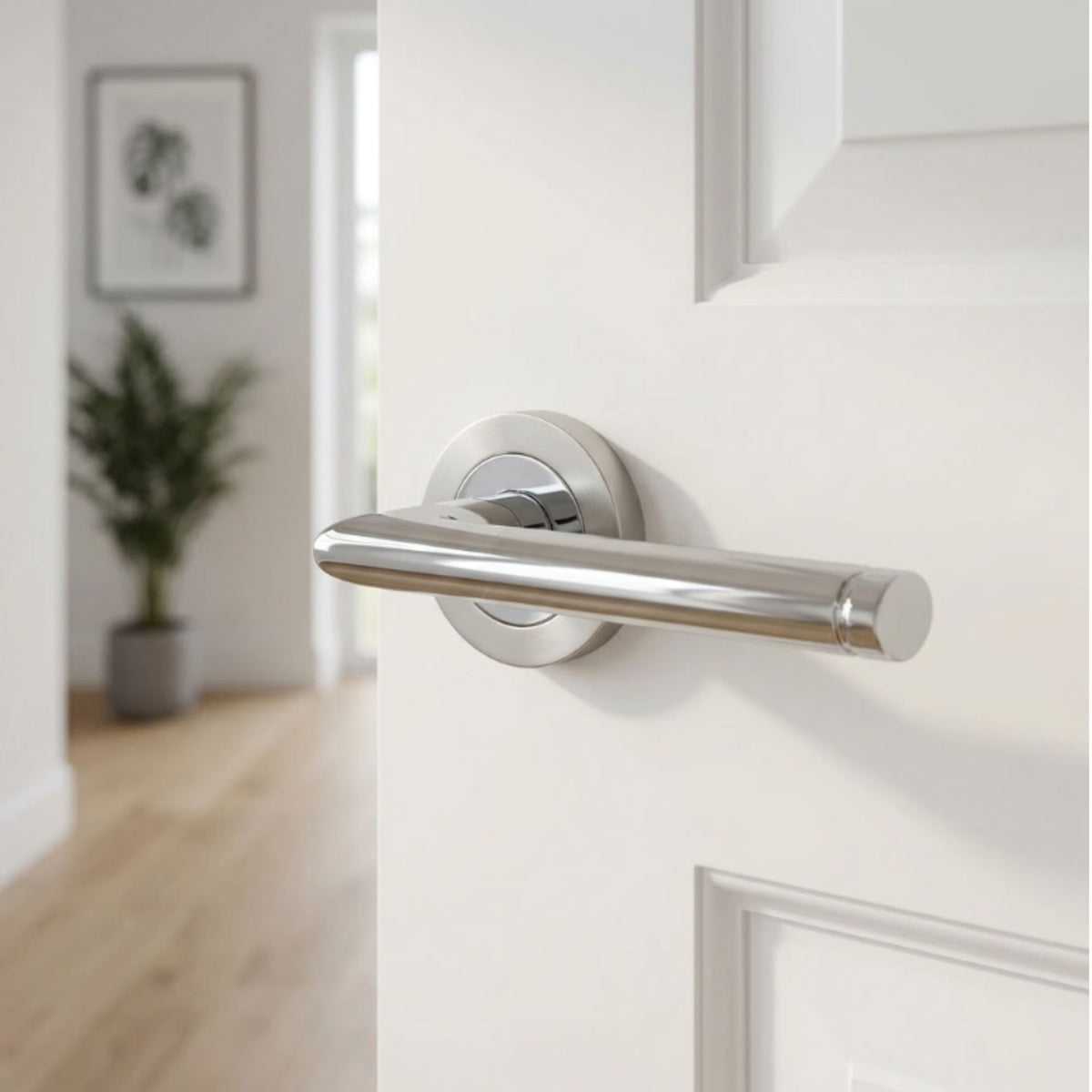 Contemporary Two-Tone Lever on Rose Door Handles Satin & Polished Chrome Finish + Fixings