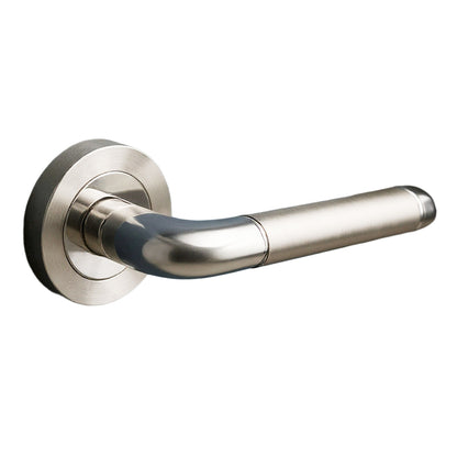 Contemporary Two-Tone Lever on Rose Door Handles Satin & Polished Chrome Finish + Fixings