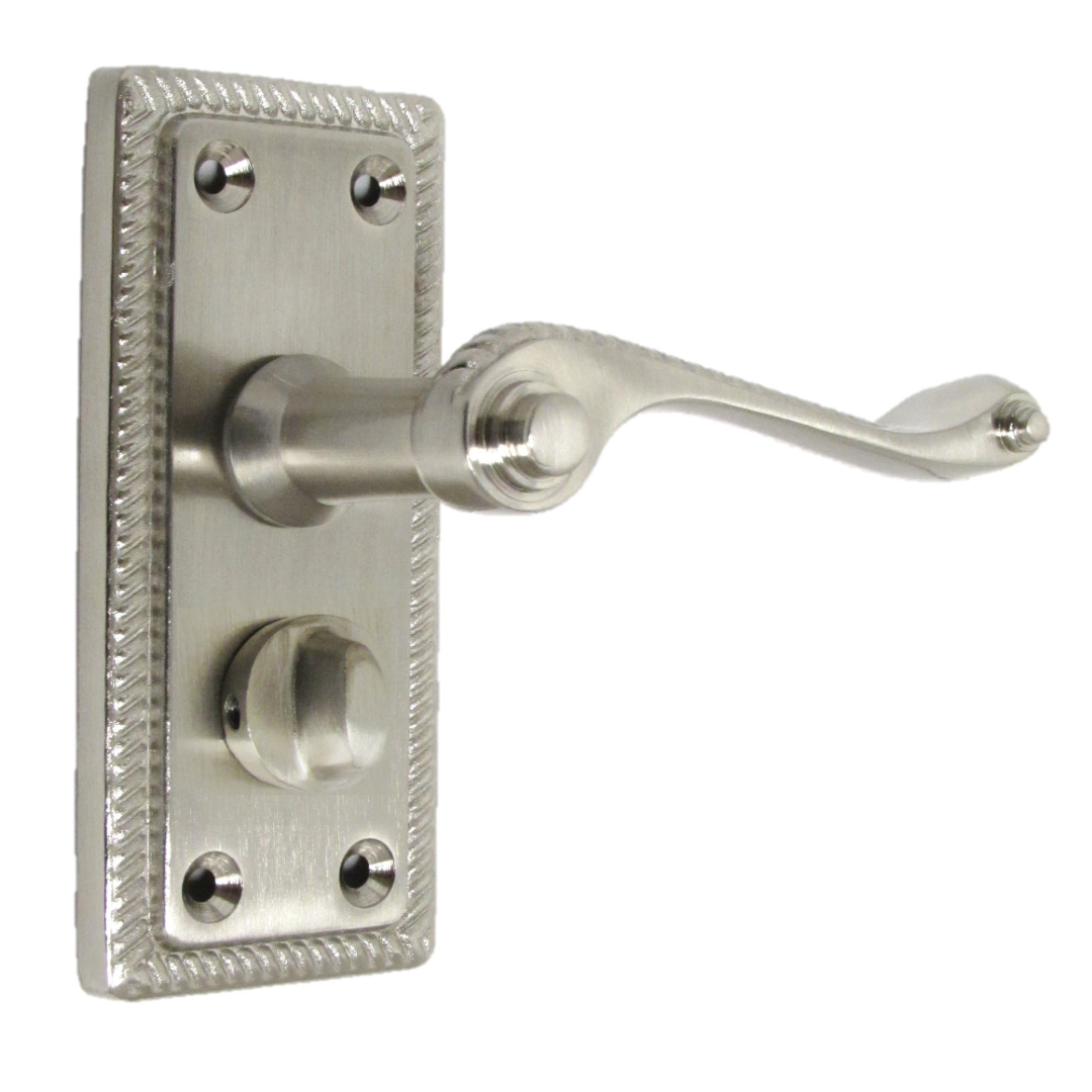 Georgian Door Handles Privacy WC Bathroom Pack Satin 108mm x 48mm Scroll Lever