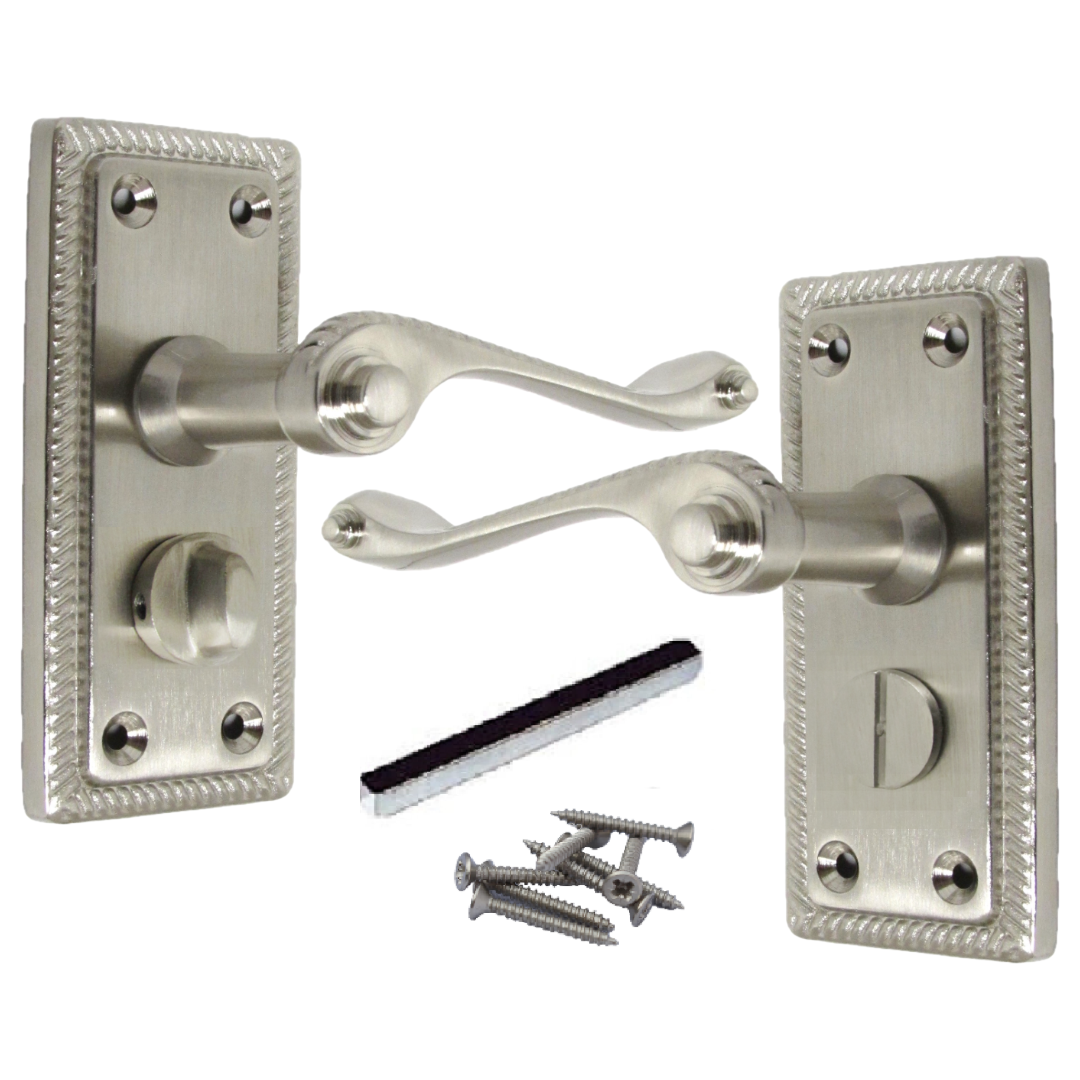 Georgian Door Handles Privacy WC Bathroom Pack Satin 108mm x 48mm Scroll Lever