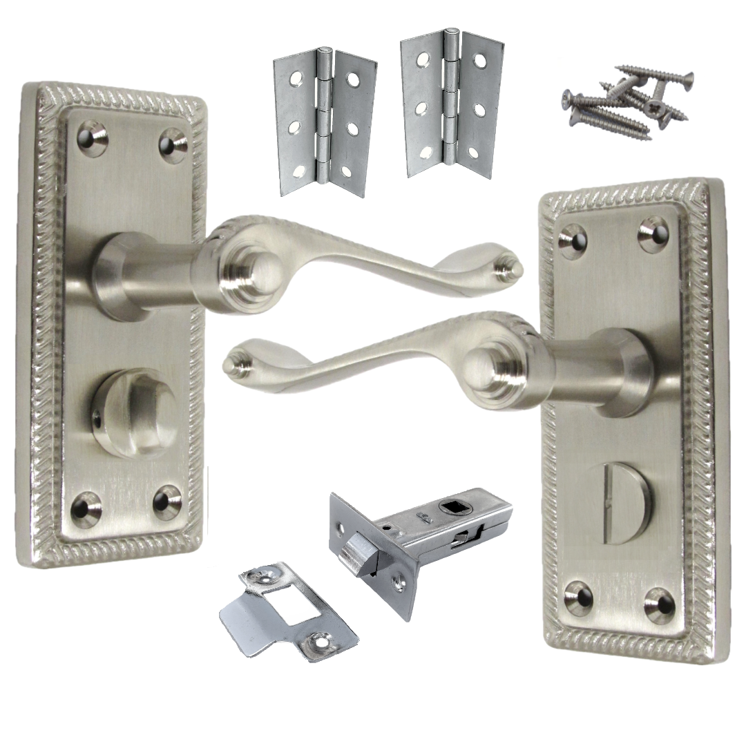 Georgian Door Handles Privacy WC Bathroom Pack Satin 108mm x 48mm Scroll Lever
