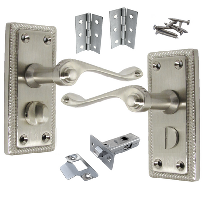 Georgian Door Handles Privacy WC Bathroom Pack Satin 108mm x 48mm Scroll Lever