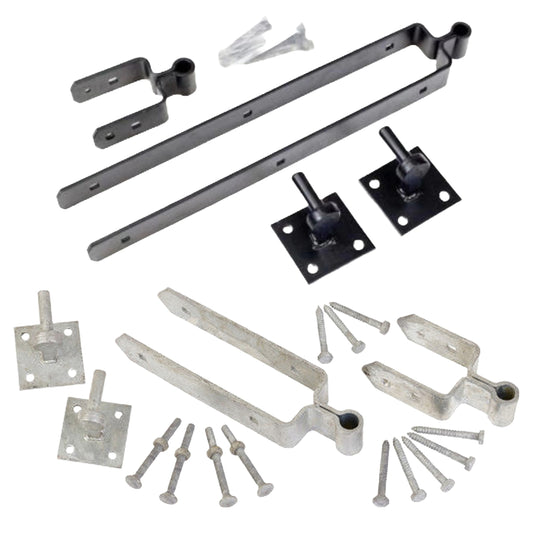 Double Strap Gate Hinge Hook Plate Set 12" 18" 24" for 3in Gates Black or Galvanised