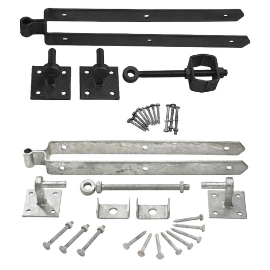 Adjustable Double Strap Gate Hinge Hook Plate Set 12" / 18" / 24" - Black or Galvanised